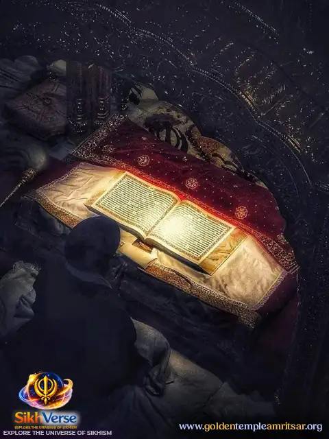 Interior view of Harmandir Sahib (Golden Temple) with Guru Granth Sahib Ji seated on takht and kirtan jatha performing shabad kirtan